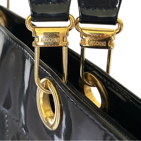 Moschino Vintage 90s Redwall Black Patent And Mesh Tote Bag Ex Large Italy - Picture 5 of 14